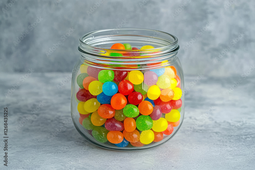 Colorful Jelly Beans in Glass Jar on White Marble Background Colorful Jelly Beans in Glass Jar on White Marble Background