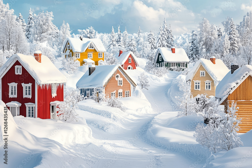 Naklejka premium Charming Snowy Village with Colorful Houses in Winter Wonderland
