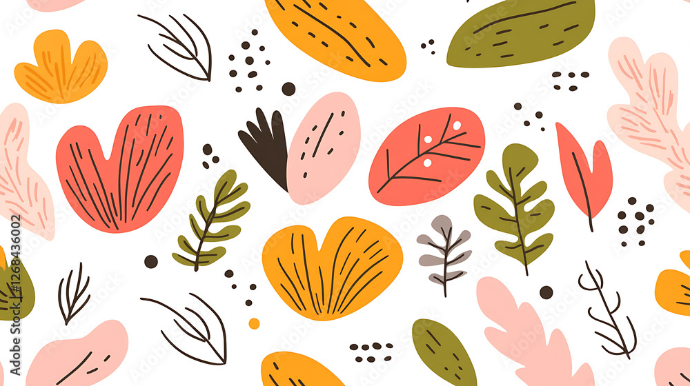Playful Botanical Pattern featuring Abstract Leaf Shapes in Earthy Tones on a White Background Playful Botanical Pattern featuring Abstract Leaf Shapes in Earthy Tones on a White Background