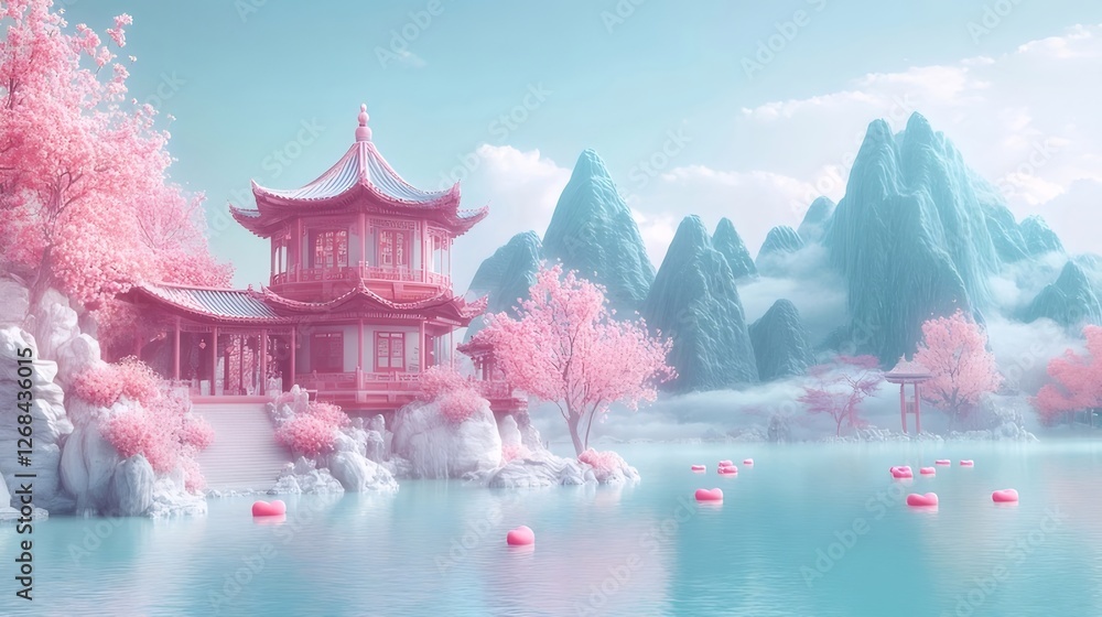 Pink pagoda lake serene mountains Pink pagoda lake serene mountains