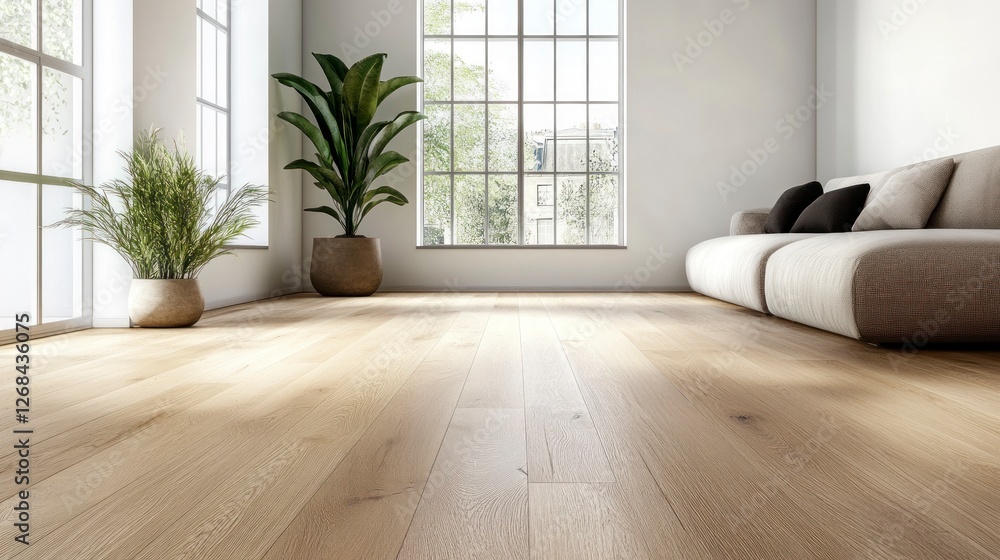 Photo of a minimalist living room with light wooden flooring and white walls, featuring a sleek sofa and potted plant. Web banner with copy space on the right. Photo of a minimalist living room with light wooden flooring and white walls, featuring a sleek sofa and potted plant. Web banner with copy space on the right.