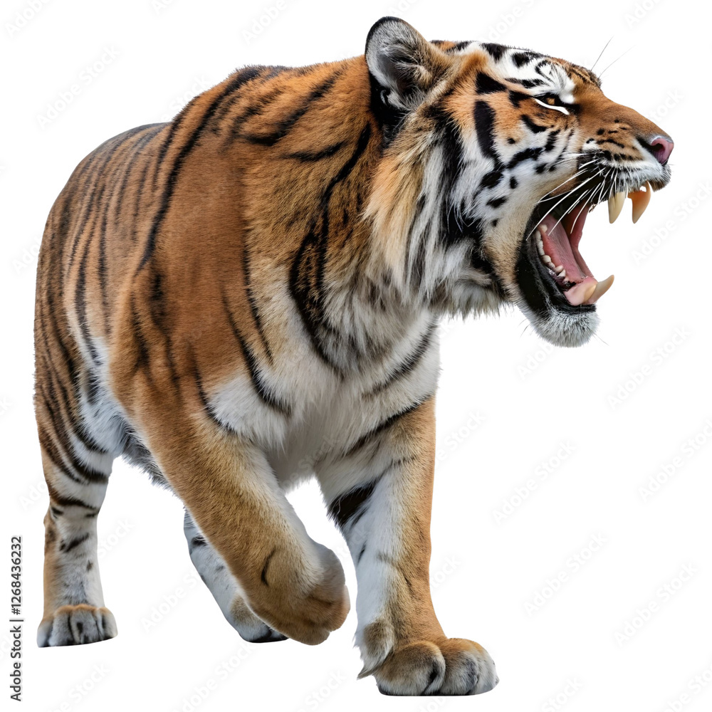 Obraz premium Majestic tiger roaring aggressively with fierce expression and sharp teeth in a wild setting