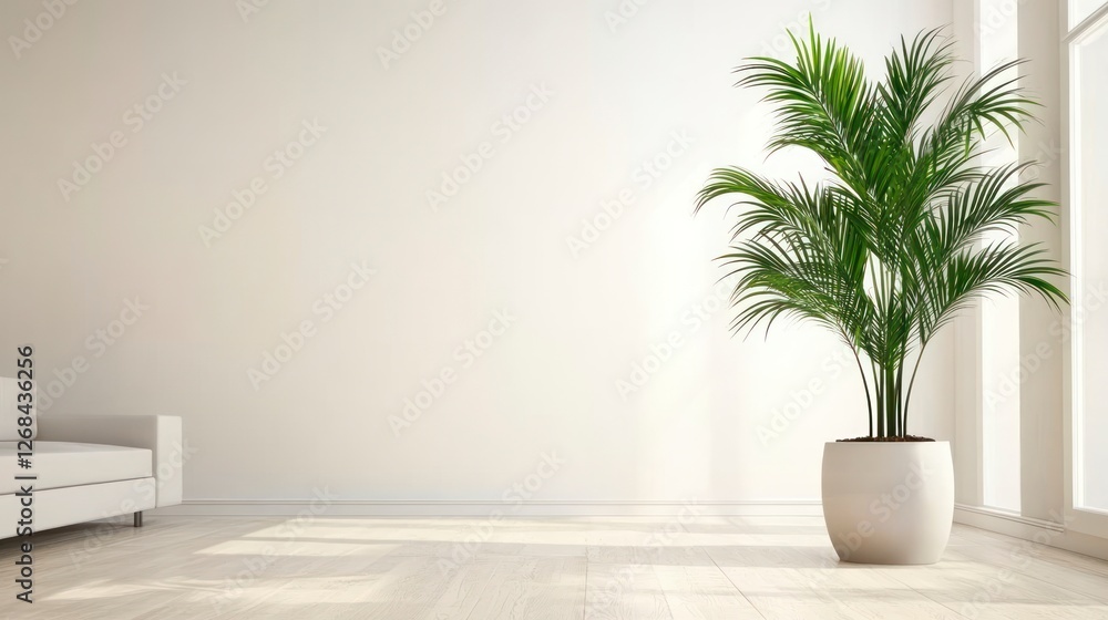 Photo of a minimalist living room with light wooden flooring and white walls, featuring a sleek sofa and potted plant. Web banner with copy space on the right. Photo of a minimalist living room with light wooden flooring and white walls, featuring a sleek sofa and potted plant. Web banner with copy space on the right.