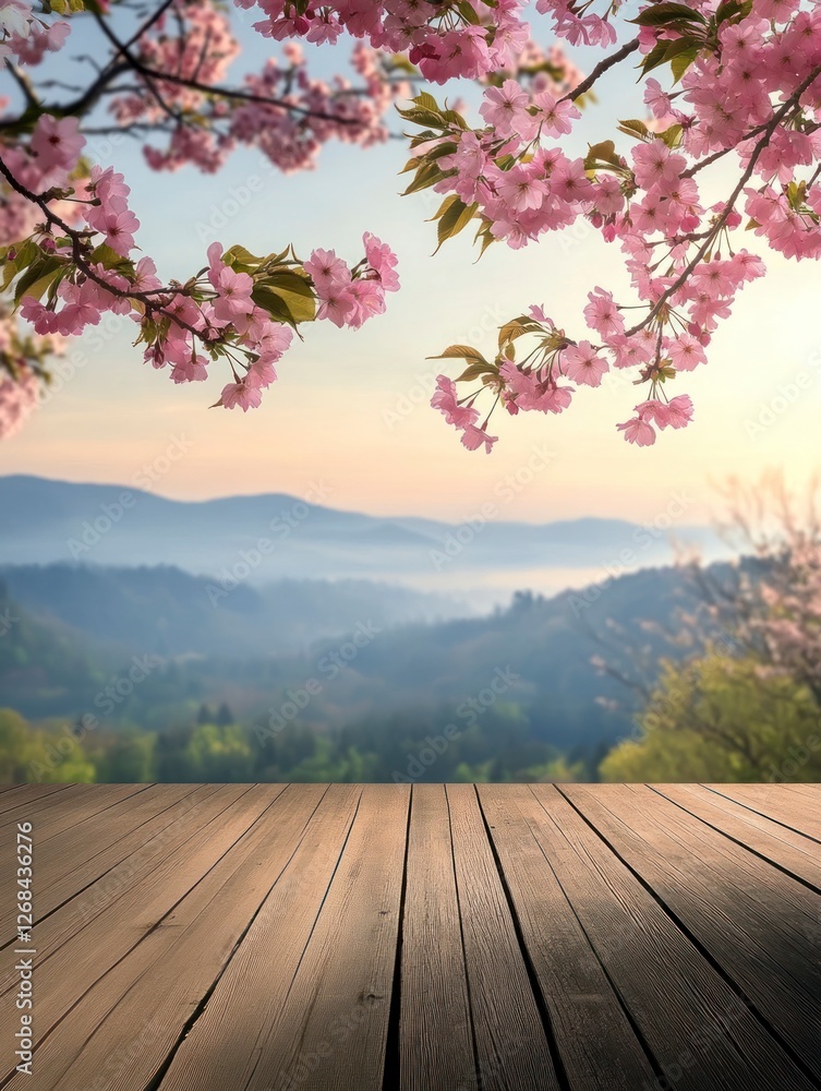 Spring background with a wooden floor and a blooming cherry tree branch at the top, a panoramic view of a spring valley landscape with foggy hills at sunrise Spring background with a wooden floor and a blooming cherry tree branch at the top, a panoramic view of a spring valley landscape with foggy hills at sunrise