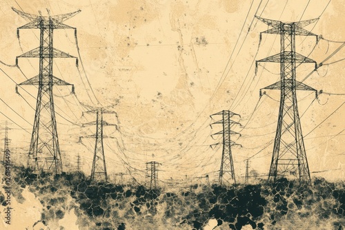 Illustration shows numerous electrical towers with a distressed background
