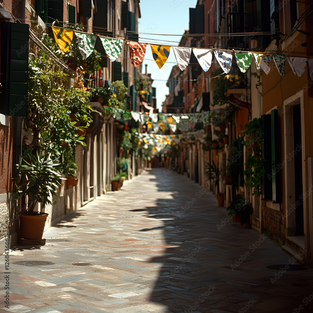 Fototapeta premium Sunlit Cobblestone Street in Historic Italian City