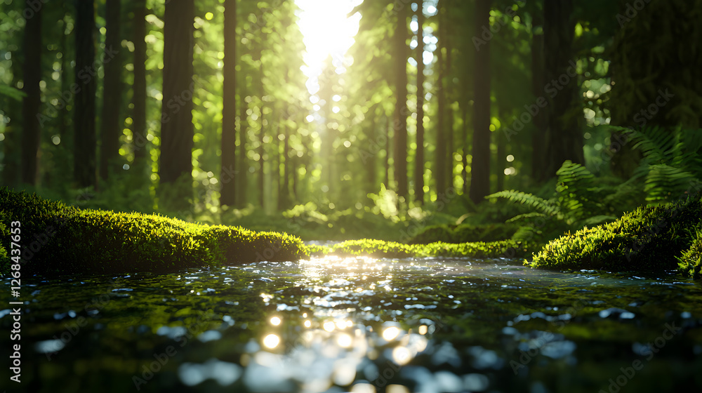 Fototapeta premium Sunlit Forest Creek with Lush Greenery