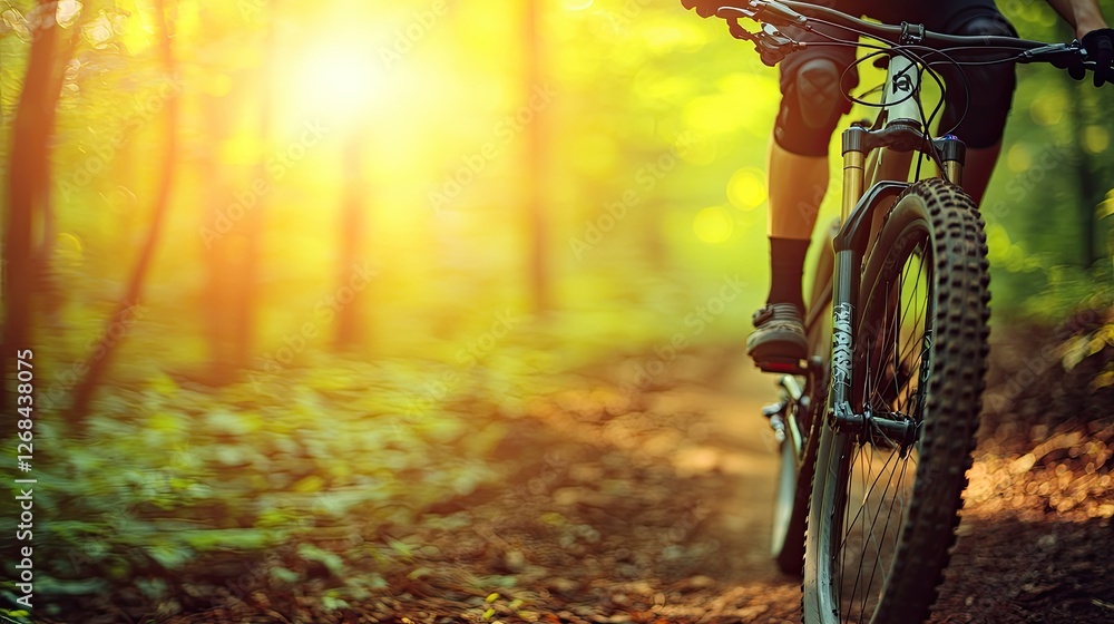 Naklejka premium A mountain biker rides through a sunlit forest trail, showcasing the beauty of nature and outdoor adventure.