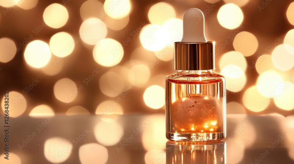 Sparkling Serum Bottle with Blurred Golden Background Lights Sparkling Serum Bottle with Blurred Golden Background Lights