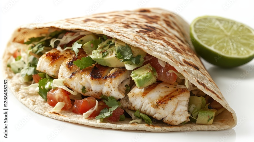 Grilled Fish Wrap with Fresh Vegetables, Avocado, Tomato, and Lime on White Background Grilled Fish Wrap with Fresh Vegetables, Avocado, Tomato, and Lime on White Background