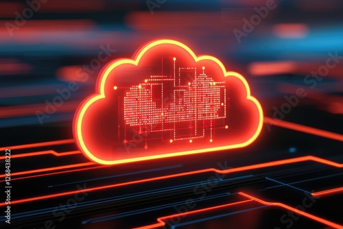 A glowing red cloud icon over a digital circuit background, symbolizing cloud computing and data transfer technology.