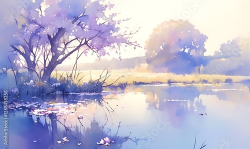 A delicate watercolor painting depicting a serene still lake, conveying tranquility and natural beauty.