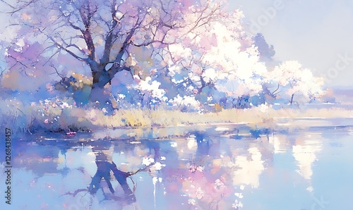 A delicate watercolor painting depicting a serene still lake, showcasing artistic beauty and tranquility.