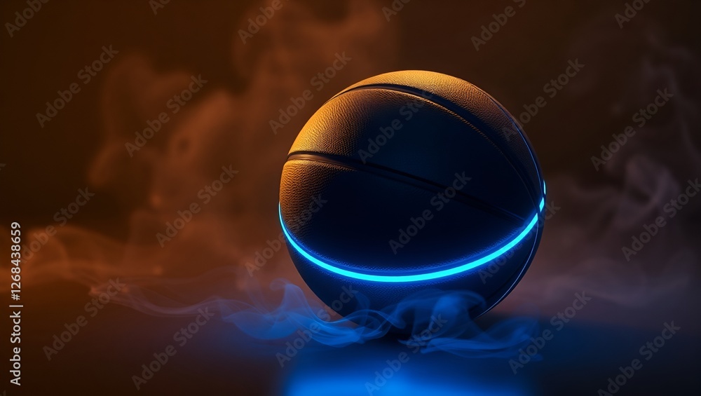 Fototapeta premium Futuristic basketball with glowing blue light, dark smoky background