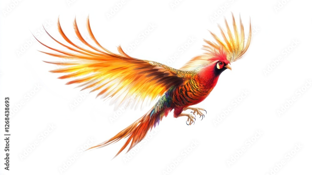 Obraz premium Vibrant golden pheasant in flight, isolated on white.