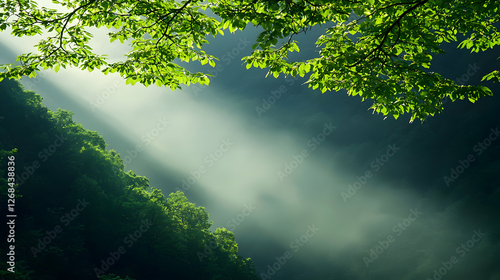 Obraz premium Sunlit Forest Mist: Lush Green Leaves and Light Beams