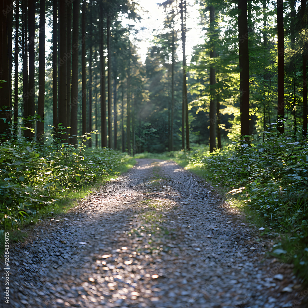 Obraz premium Sunlit Forest Path: A Gravel Road Through Lush Green Trees
