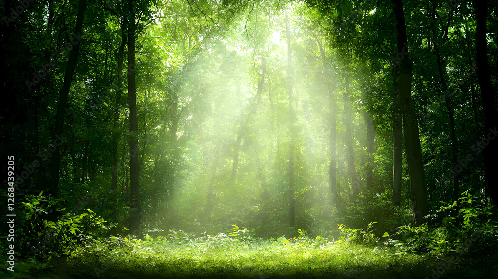 Obraz premium Sunlit Forest Path: Green Canopy and Light Beams