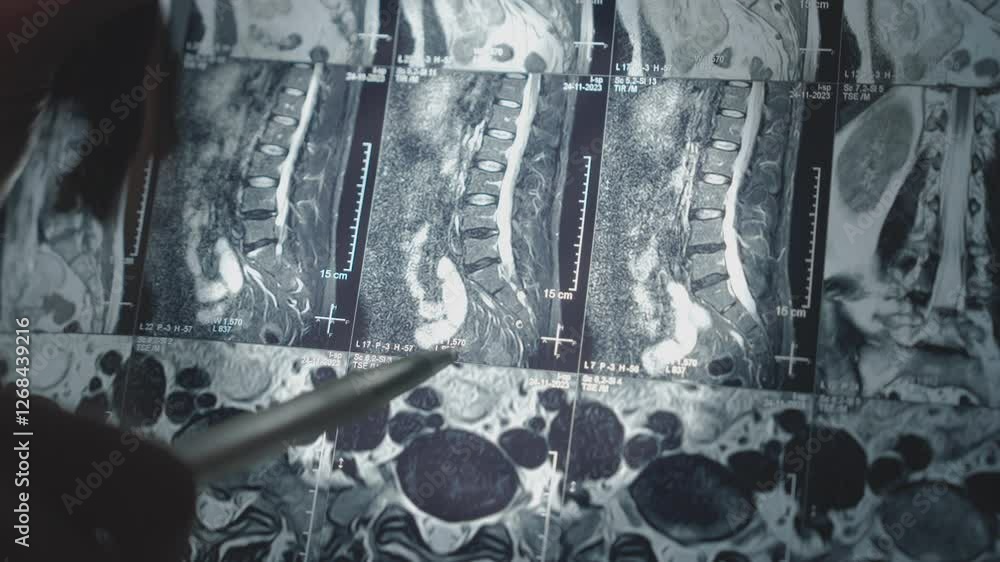 Doctor examining lumbar spine MRI scans on medical lightbox, detailed vertebrae imaging with cross sections, healthcare diagnostics, close up view