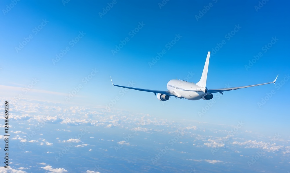 Fototapeta premium a silver airplane flies high in the blue sky and leaves a white trail. Generative AI