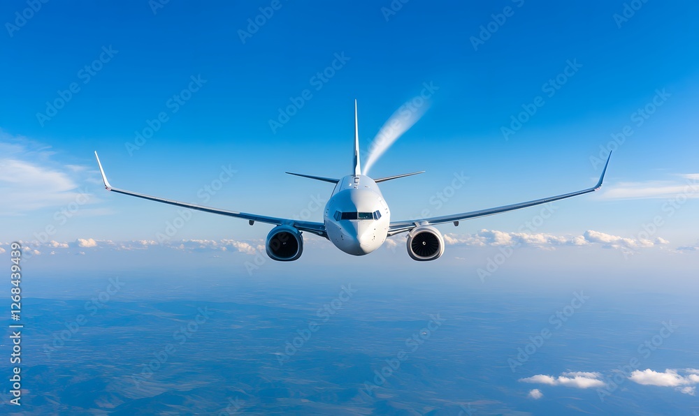 Fototapeta premium a silver airplane flies high in the blue sky and leaves a white trail. Generative AI