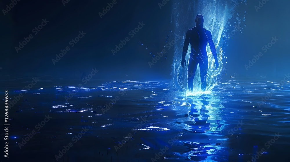 Obraz premium A humanoid silhouette formed by cascading water glowing with bioluminescence, standing in a vast dark expanse of rippling reflections