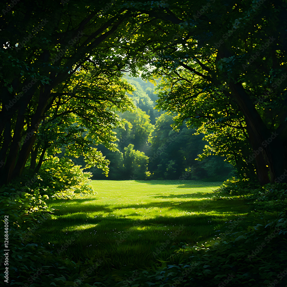 Fototapeta premium Sunlit Forest Path: Lush Green Trees and Grassy Meadow