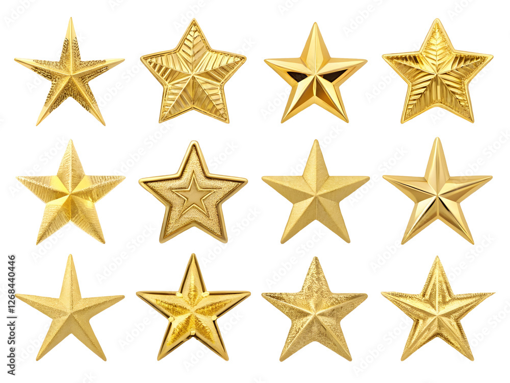 Collection of decorative golden star shapes in various designs and sizes for craft projects or celebratory events Collection of decorative golden star shapes in various designs and sizes for craft projects or celebratory events