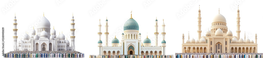 Obraz premium Set of a mosque full of worshippers for Eid prayer, isolated on a transparent background.