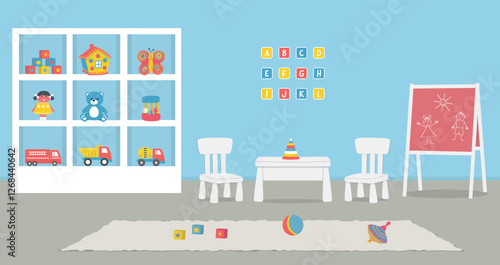 Playroom Interior. Kids' Room in Blue Color. Cabinet with Toys, Blackboard, Table, Two Chairs, Letters Alphabet. Vector Illustration