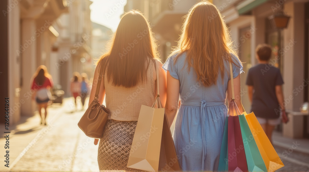 Two Women Shopping Together in a Bustling City Street with Colorful Bags Under Warm, Golden Sunset Light Two Women Shopping Together in a Bustling City Street with Colorful Bags Under Warm, Golden Sunset Light