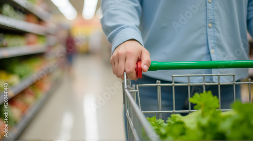 Person pushing shopping cart filled with fresh vegetables in well-stocked grocery aisle with bright lighting and organized shelves