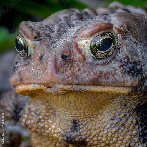 An American toad portrait on a dark natural background.