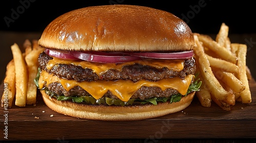 Cheeseburger with fries on a wooden tray. photo