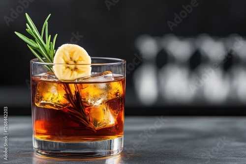 Glass of Bourbon Infused with Fresh Rosemary and Banana Slice