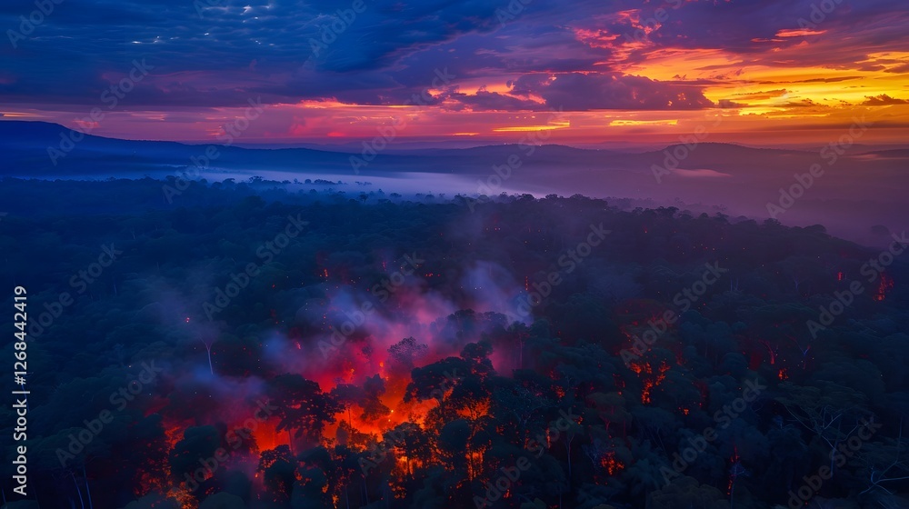 Fototapeta premium Aerial view of a vibrant forest glowing with bioluminescent hues under twilight skies, cinematic natural wonder