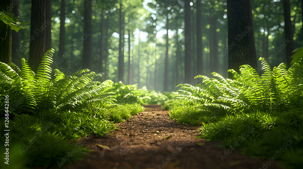 Fototapeta premium Sunlit Forest Path with Lush Green Ferns