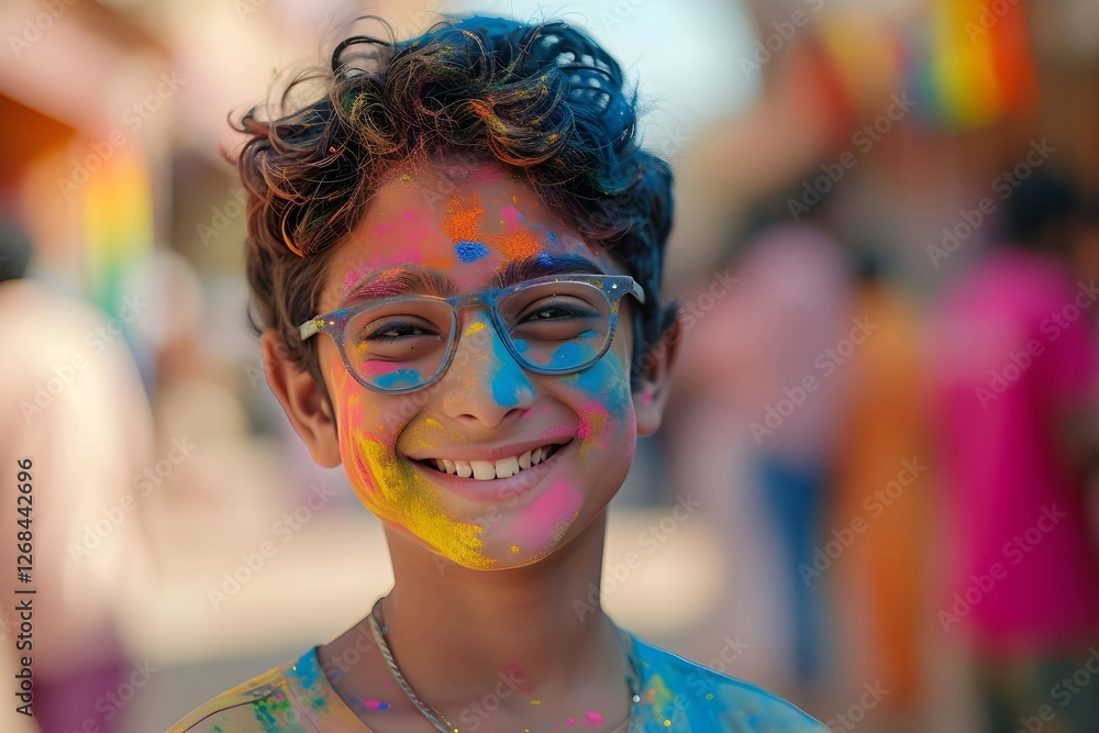Smiling boy with colorful face paint at festive event. Child celebrating Holi festival with vibrant colors. Joyful youth portrait with rainbow hues and blurred background. Smiling boy with colorful face paint at festive event. Child celebrating Holi festival with vibrant colors. Joyful youth portrait with rainbow hues and blurred background.
