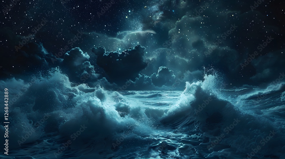Low-angle shot of glowing bioluminescent waves under a starlit sky, cinematic surreal natural beauty Low-angle shot of glowing bioluminescent waves under a starlit sky, cinematic surreal natural beauty