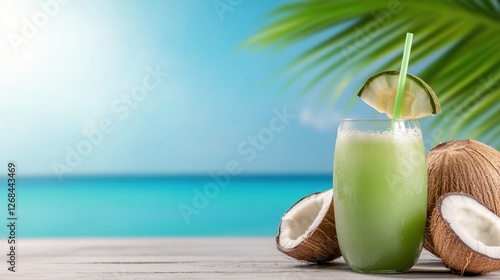Refreshing Cold Coconut Water Served in Young Coconut with Straw