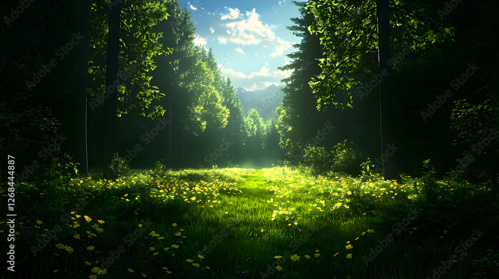 Obraz premium Sunlit Forest Path with Yellow Flowers