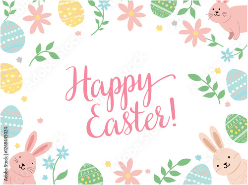 cute Easter rabbits card with a pattern of rabbits, eggs, and flowers in a colorful vector design, perfect for festive spring celebrations, greetings, or cheerful decorations