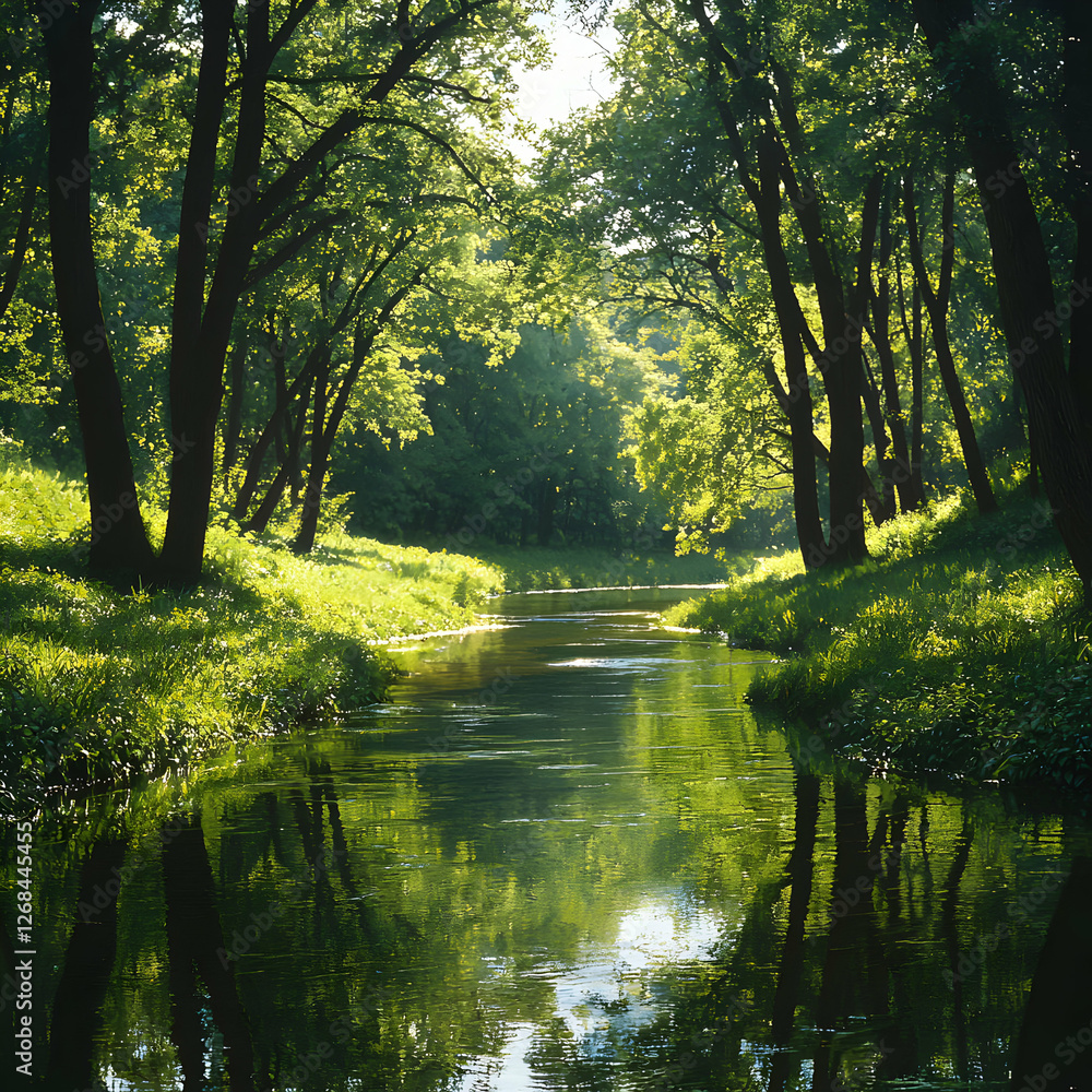Fototapeta premium Sunlit Forest River Landscape