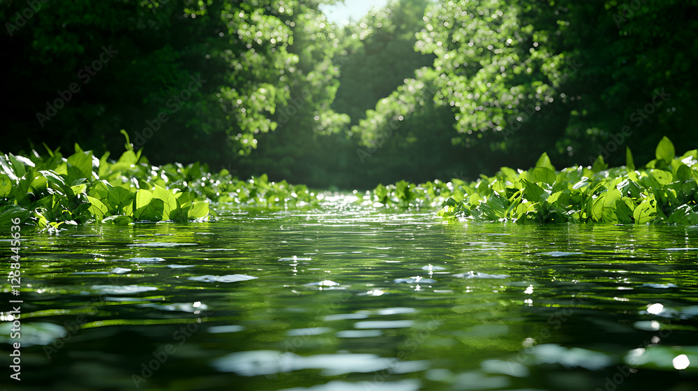 Sunlit Forest River Path: Lush Green Foliage and Calm Water Sunlit Forest River Path: Lush Green Foliage and Calm Water