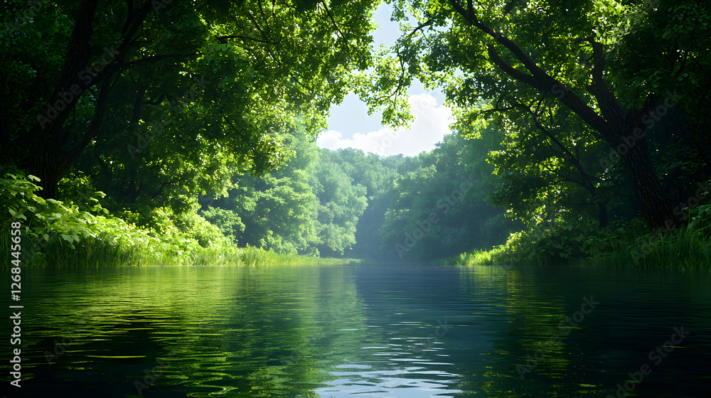 Fototapeta premium Sunlit Forest River Landscape