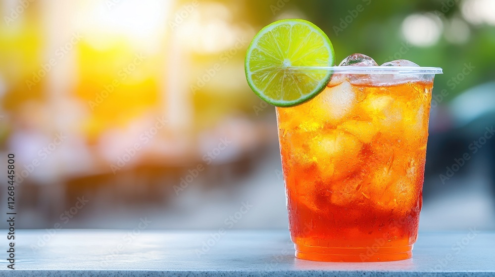Fototapeta premium Refreshing Iced Tea Served in Transparent Cup with Lime Slice