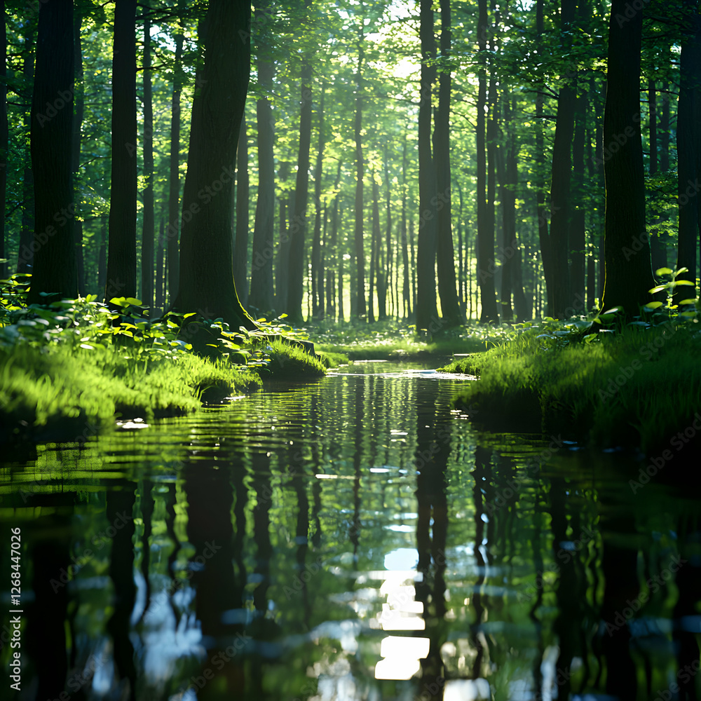 Naklejka premium Sunlit Forest Stream: Lush Green Trees and Tranquil Water Reflection