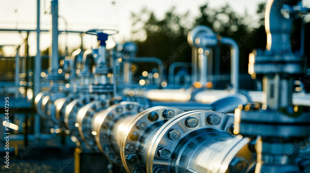 Fototapeta premium Gas pipes for the oil industry. A clean pipeline for renewable energy production. pipeline for gas or oil, pure hydrogen gas for the production of environmentally friendly electricity.