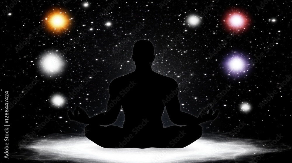 A silhouette meditating in a cosmic space, surrounded by colorful stars. A silhouette meditating in a cosmic space, surrounded by colorful stars.
