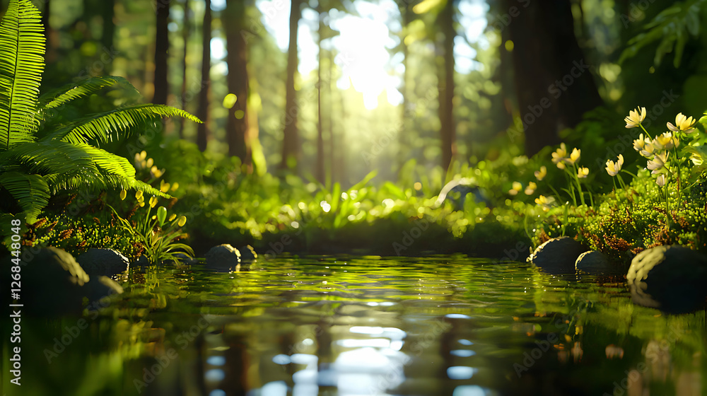 Sunlit Forest Stream with Lush Greenery Sunlit Forest Stream with Lush Greenery